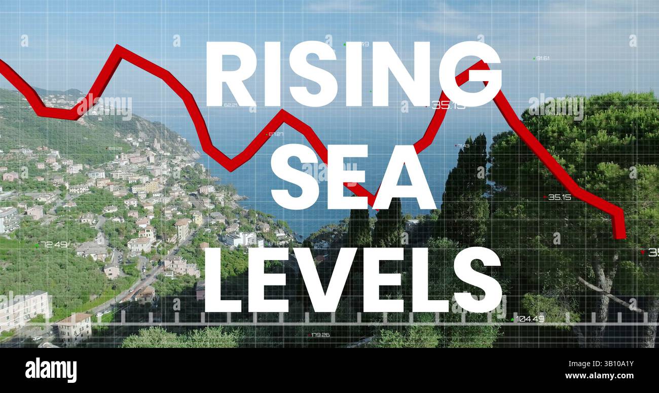 Immagine dell'innalzamento del livello del mare rispetto al grafico finanziario e al paesaggio marino Foto Stock