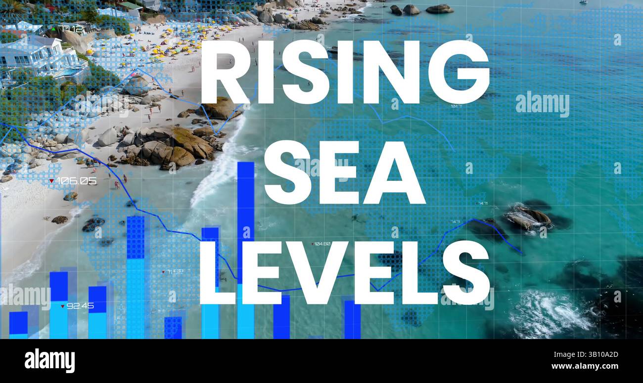 Immagine dell'innalzamento del livello del mare rispetto al grafico finanziario e al paesaggio marino Foto Stock