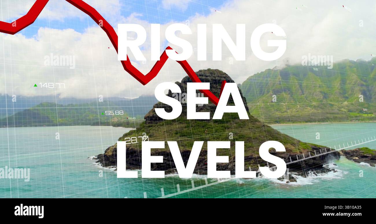 Immagine dell'innalzamento del livello del mare rispetto al grafico finanziario e al paesaggio marino Foto Stock