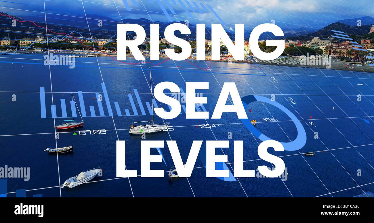Immagine dell'innalzamento del livello del mare rispetto al grafico finanziario e al paesaggio marino Foto Stock