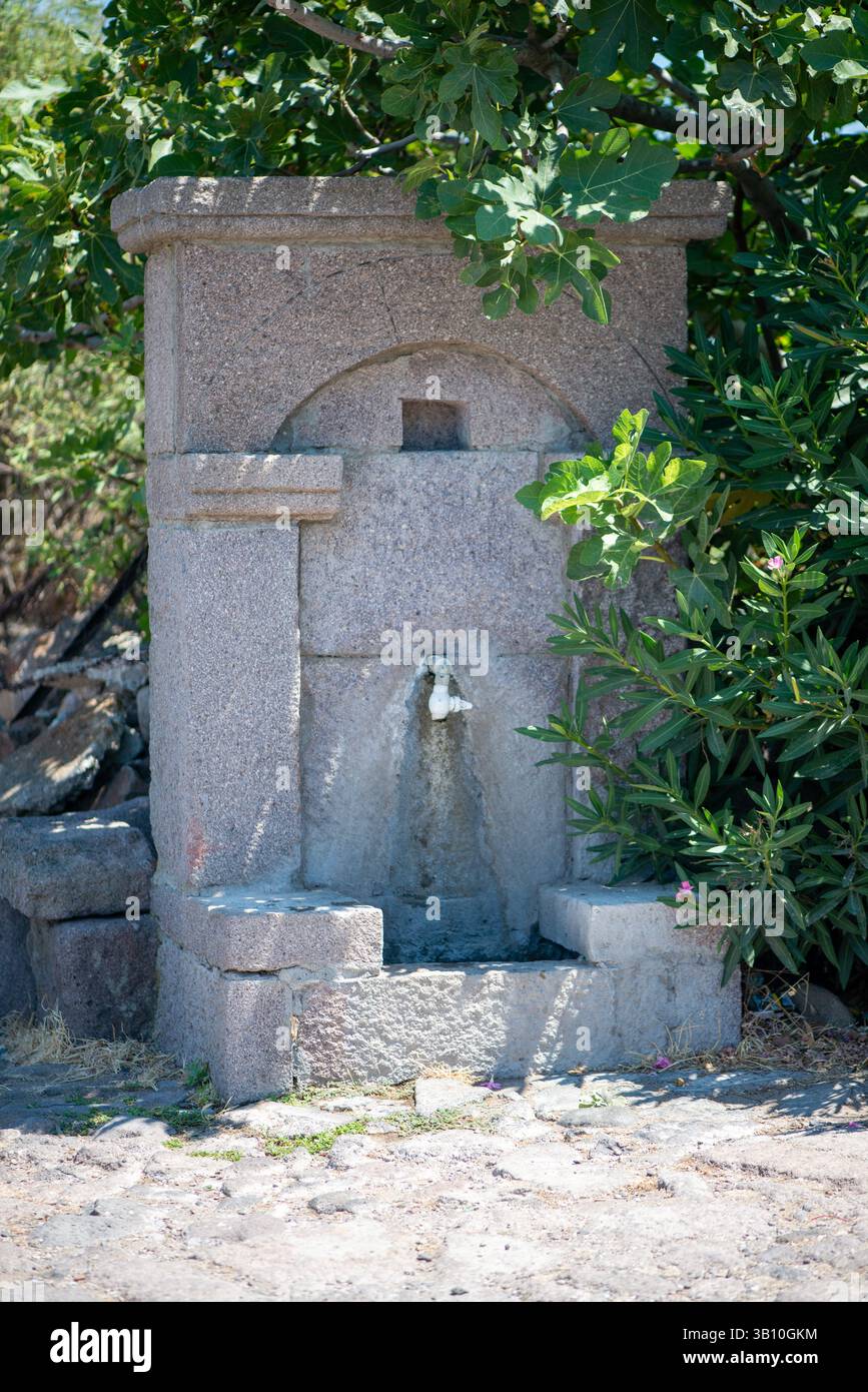 Una pittoresca fontana del villaggio, realizzata in pietra o materiali rustici, che scorre dolcemente con acqua dolce, creando un'atmosfera serena in un ambiente rurale. Foto Stock