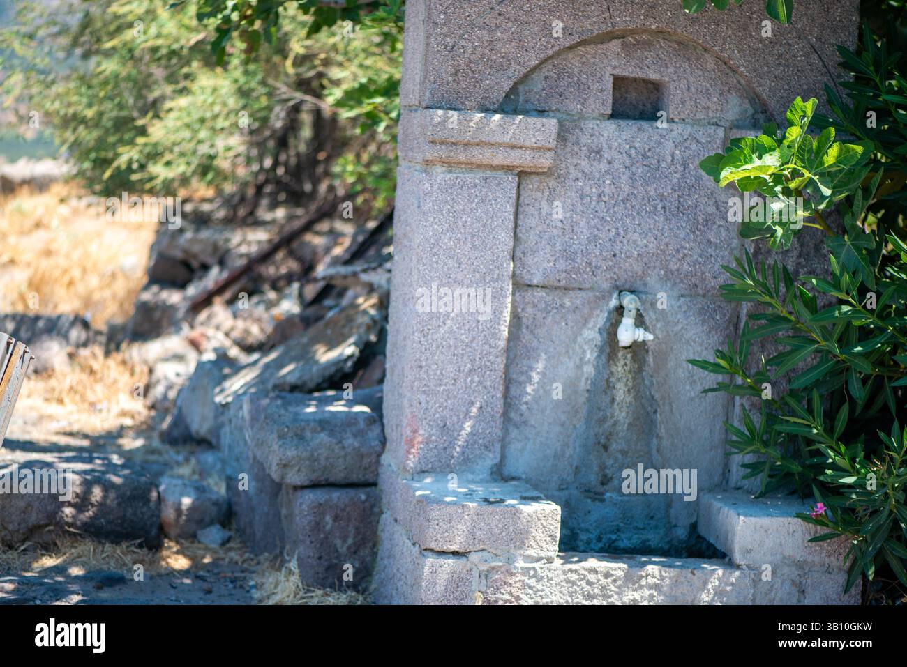 Una pittoresca fontana del villaggio, realizzata in pietra o materiali rustici, che scorre dolcemente con acqua dolce, creando un'atmosfera serena in un ambiente rurale. Foto Stock