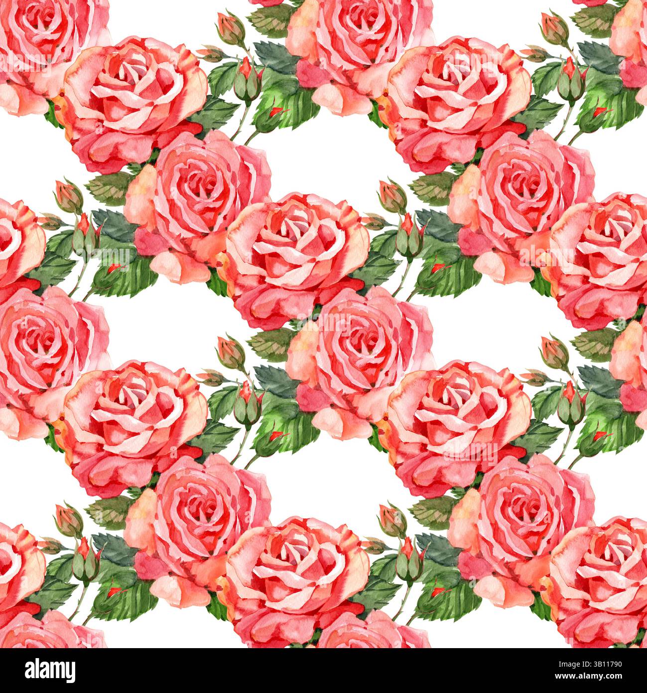 Rosa rosa e verde acqua motivo floreale acquerello motivo fiore acquerello senza cuciture. Stampa acquerello in stile vintage rustico, tessuto o carta da parati. Foto Stock