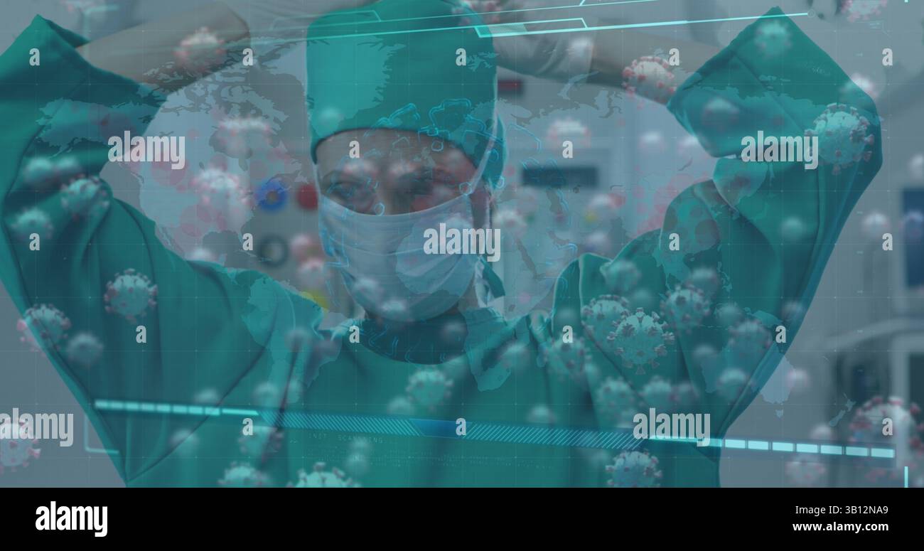Regolazione chirurgo legando le fascette per cappuccio chirurgico in sala operatoria, con le sovrapposizioni di mappe del mondo e dei virus Foto Stock