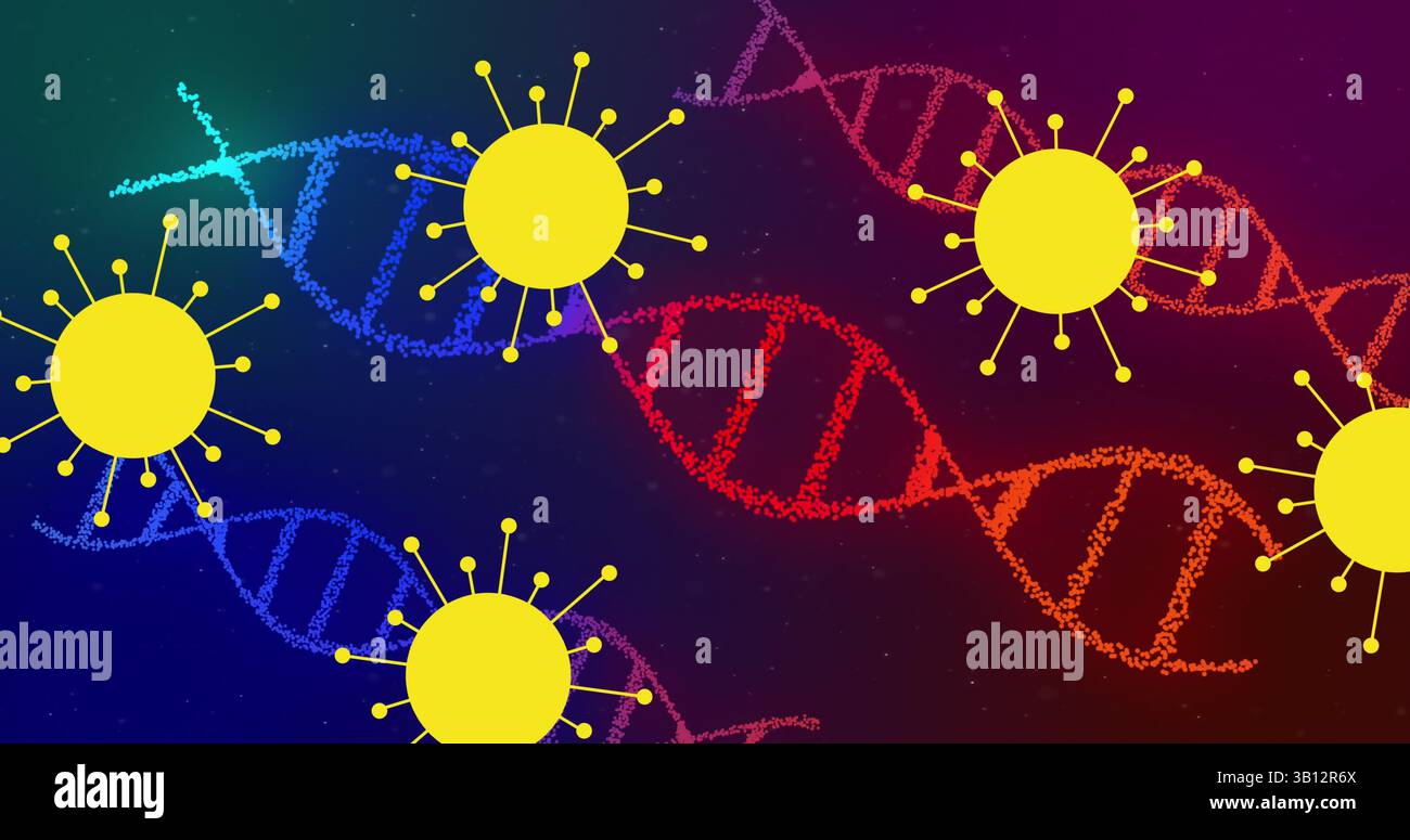 Icone di virus gialle fluttuanti stilizzate che si spostano attraverso l'illustrazione molecolare, con elica di DNA punteggiata Foto Stock