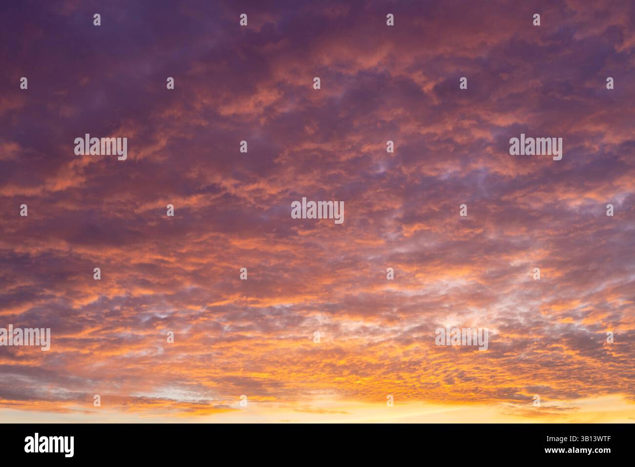 Le nuvole del tramonto, di colore arancione e viola, fanno da sfondo al cielo Foto Stock