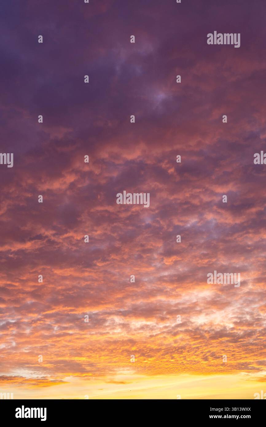 Le nuvole del tramonto, di colore arancione e viola, fanno da sfondo al cielo Foto Stock