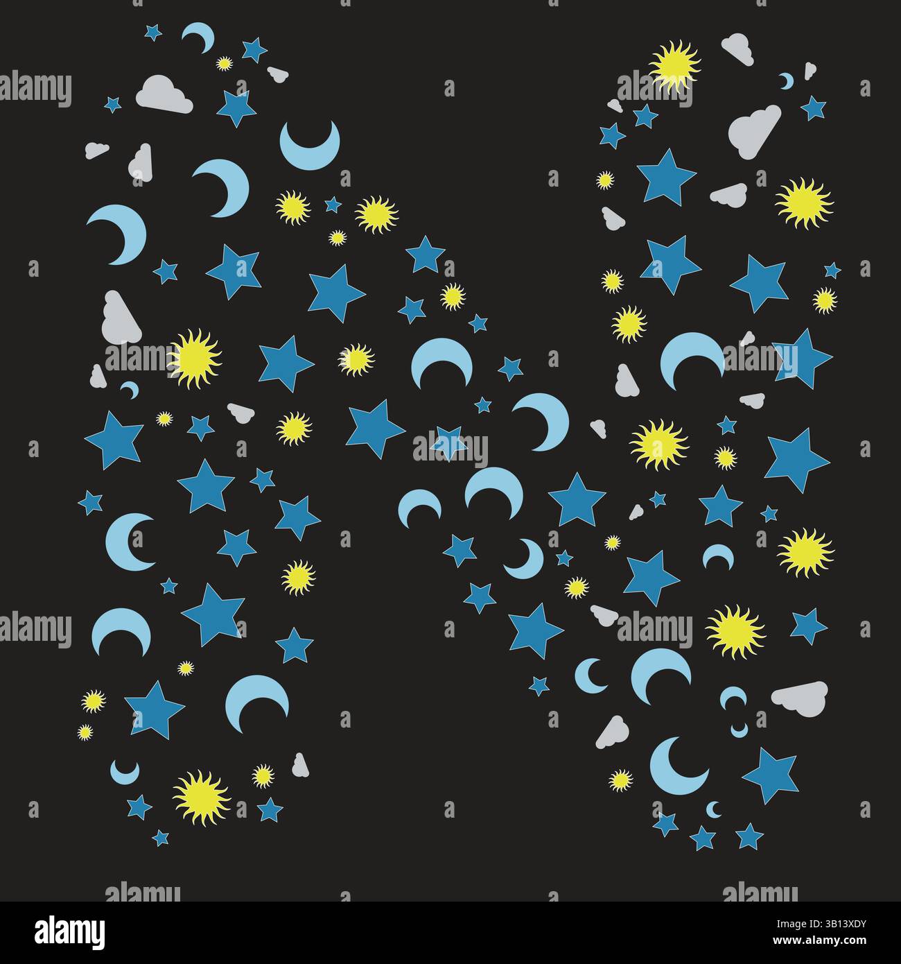 Modello astratto su lettera N con sole, luna, nuvola e stelle su di essa, modello per banner, poster e scheda Illustrazione Vettoriale