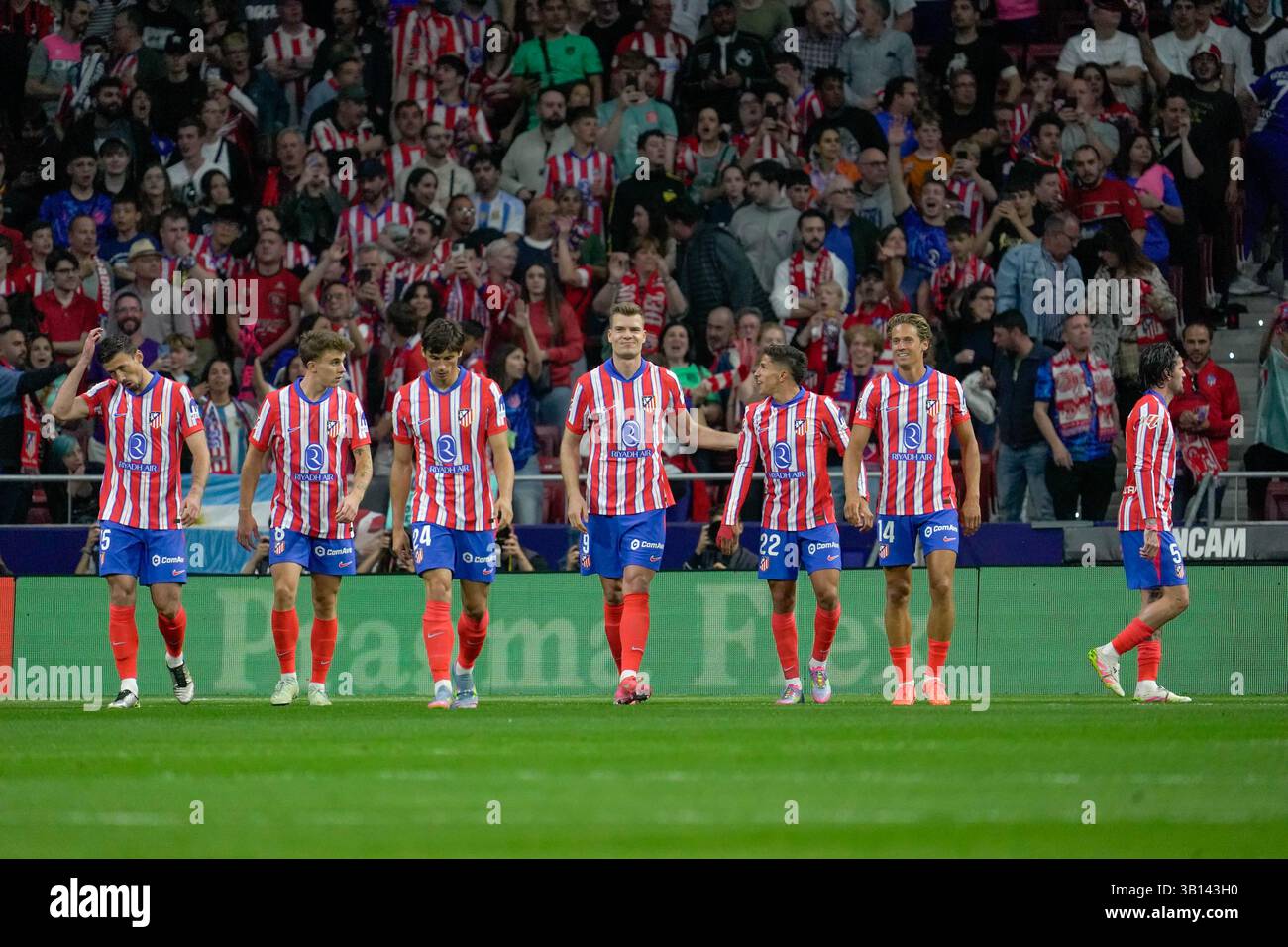 Madrid, Spagna. 24 aprile 2025. Madrid, Spagna, 24 aprile 2025 Atlético de Madrid festeggia un gol, la squadra in linea torna dopo la celebrazione della partita di la Liga tra Atlético de Madrid e Rayo Vallecano all'Estadio Riyadh Air Metropolitano di Madrid, Spagna (Andres Lopez Sheridan /SPP) credito: SPP Sport Press Photo. /Alamy Live News Foto Stock