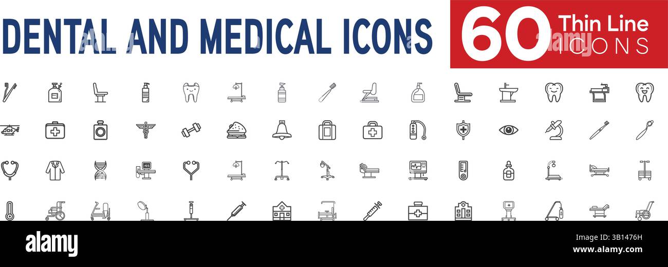 Set completo di 60 icone Web Modern Thin Line per l'assistenza odontoiatrica, i servizi medici, la sanità e l'odontoiatria. Illustrazione vettoriale professionale Illustrazione Vettoriale