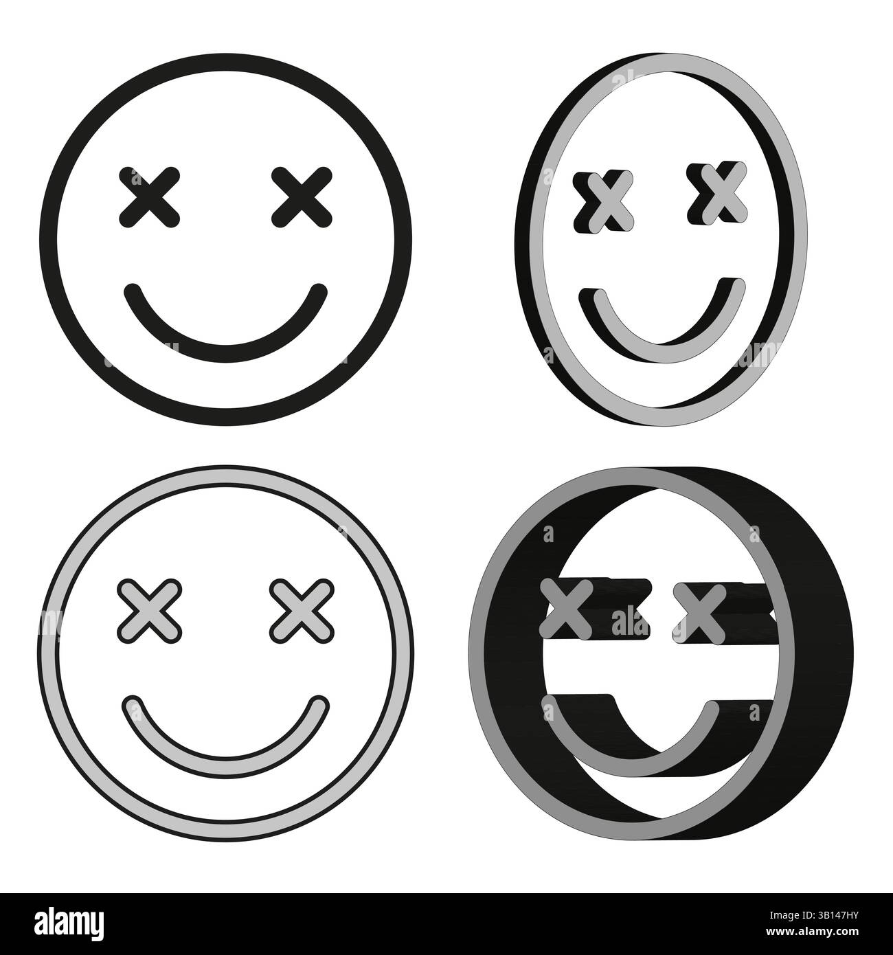 Divertente icona emoji. Occhi incrociati. Vettore sorriso smerigliante. Set emozione monocromatica. Illustrazione Vettoriale