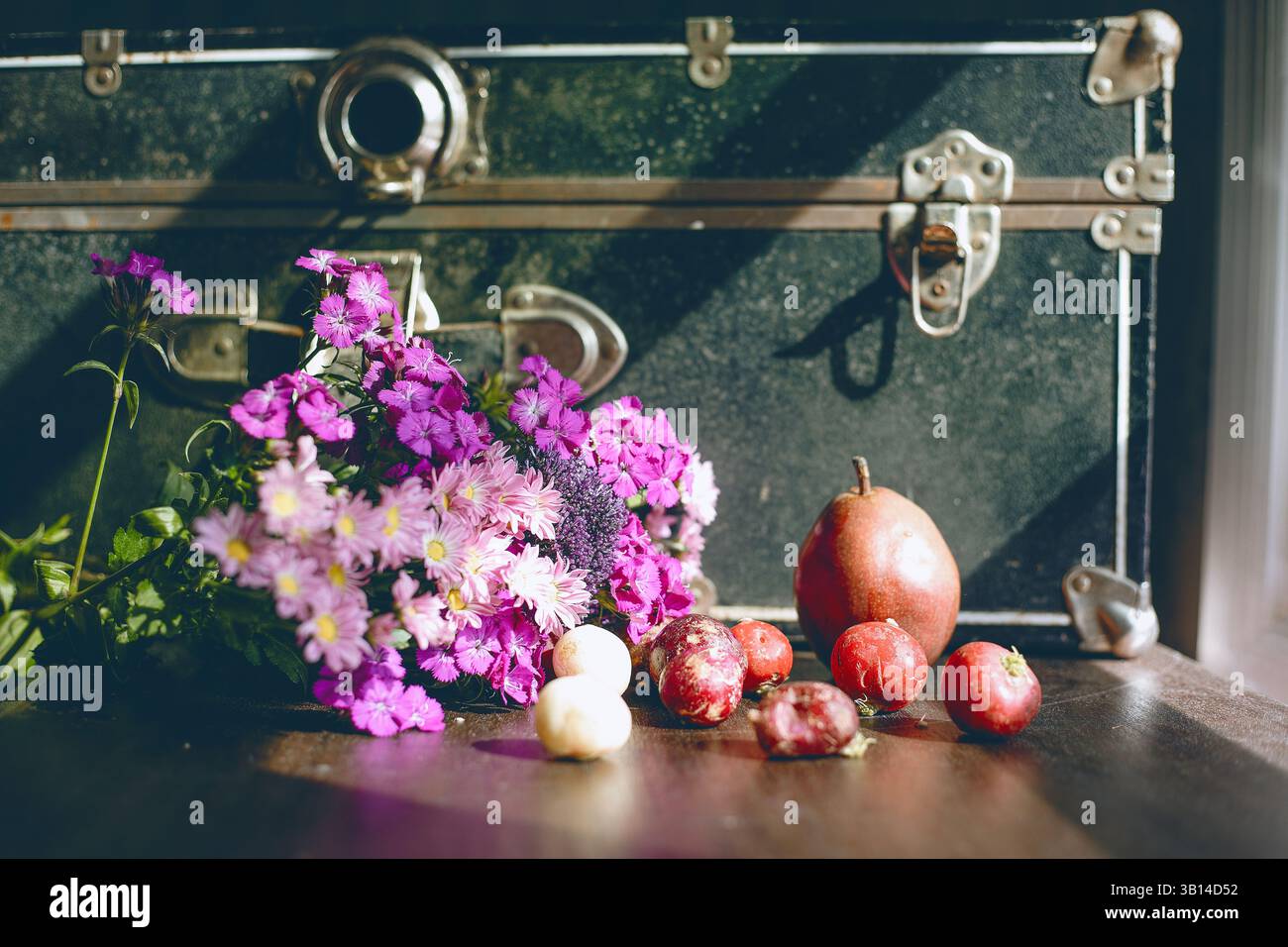 Valigia nera vintage polverosa con fiori all'interno Foto Stock