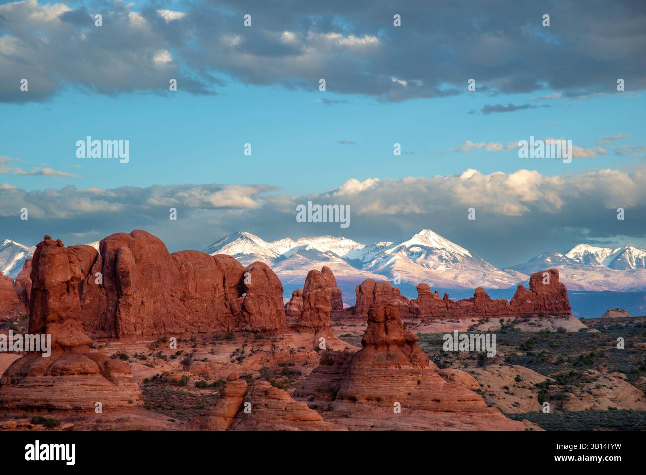Con un fresco strato di neve, le montagne la Sal sullo sfondo creano un netto contrasto geologico. Arches National Park, Utah Foto Stock