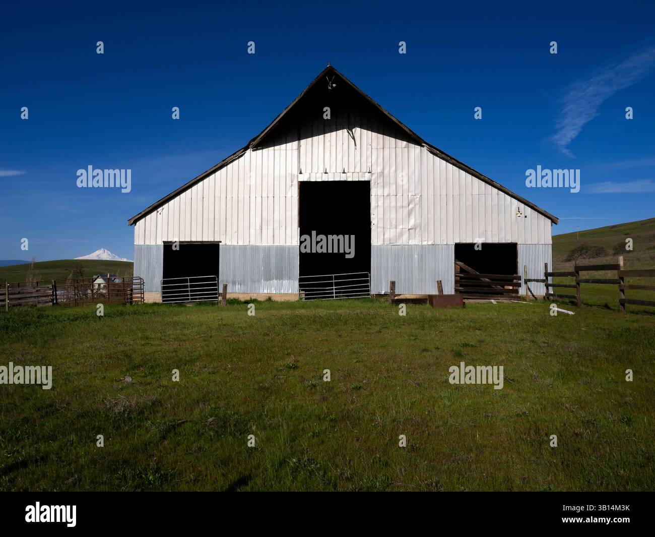WA26543-00....WASHINGTON - fienile con Mount Hood in lontananza dal Columbia Hills Historic State Park. Foto Stock