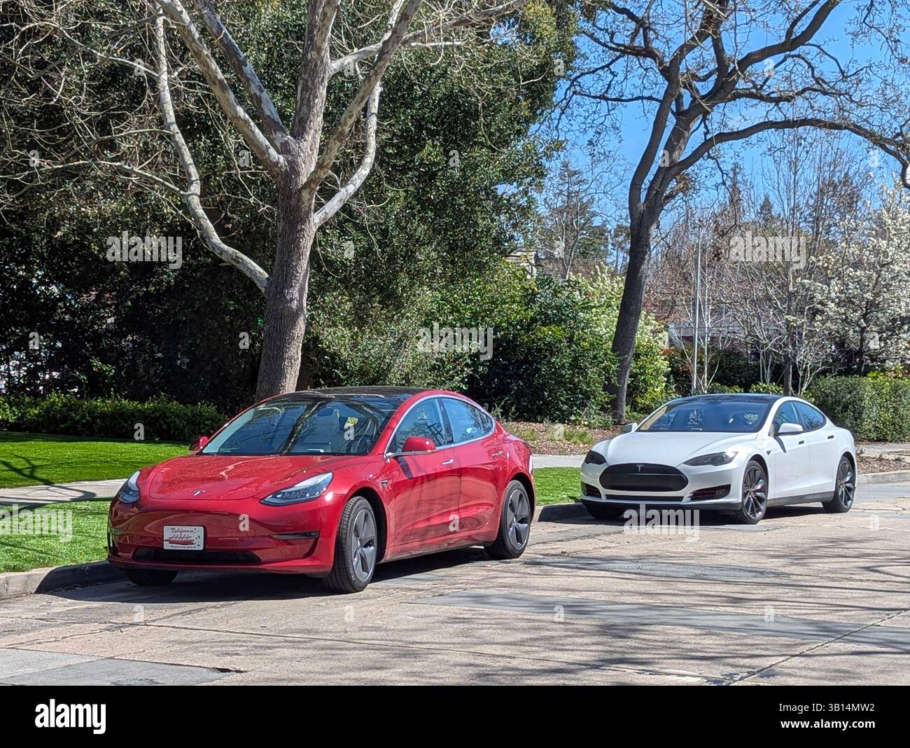 Tesla Model S (bianco) e Model 3 (rosso) a Palo alto, California Foto Stock