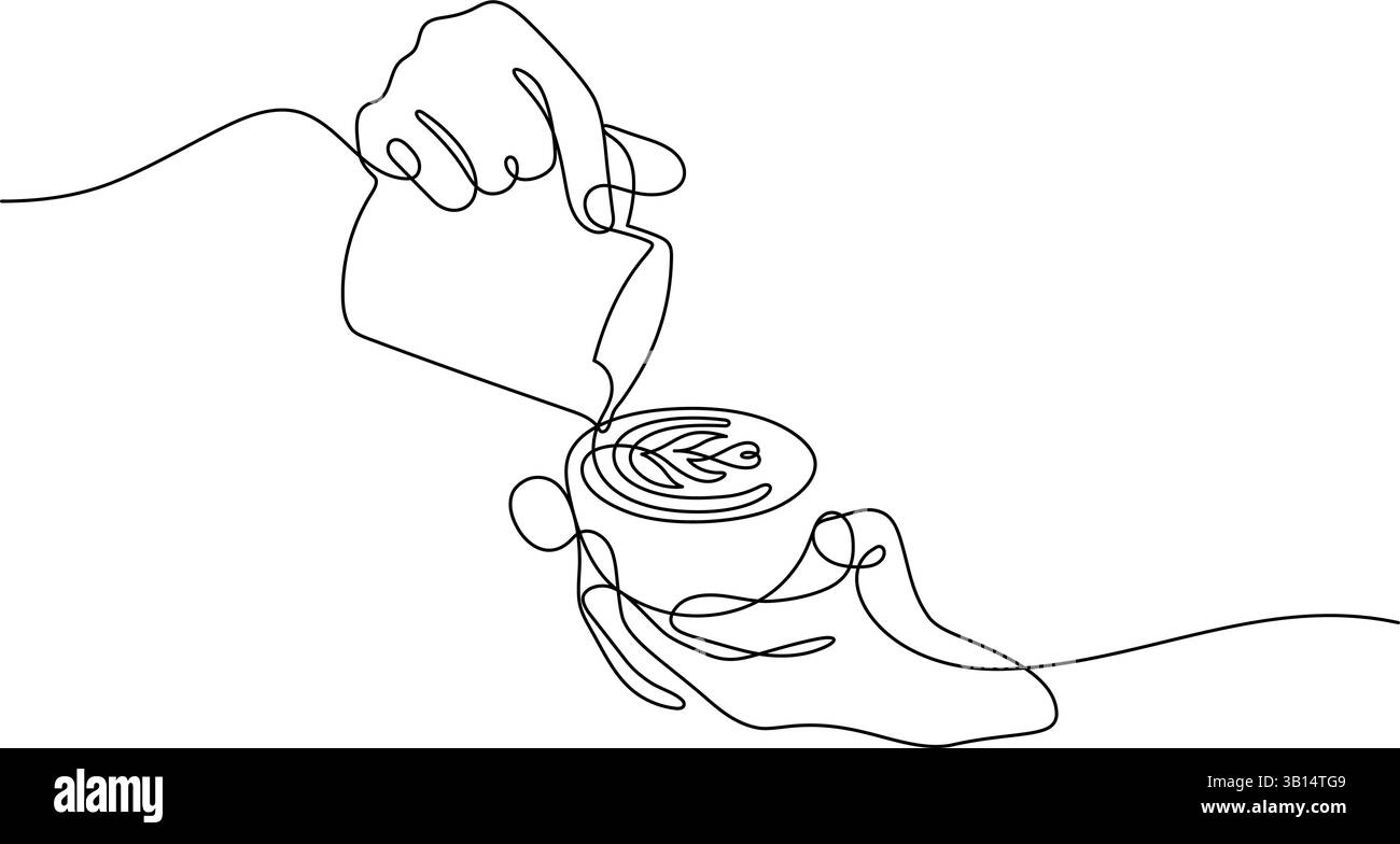 il barista versa a mano la schiuma di latte per preparare il caffè a forma di cuore di tulipano latte art primo piano di una linea continua disegnando un'illustrazione artistica minimalista Illustrazione Vettoriale