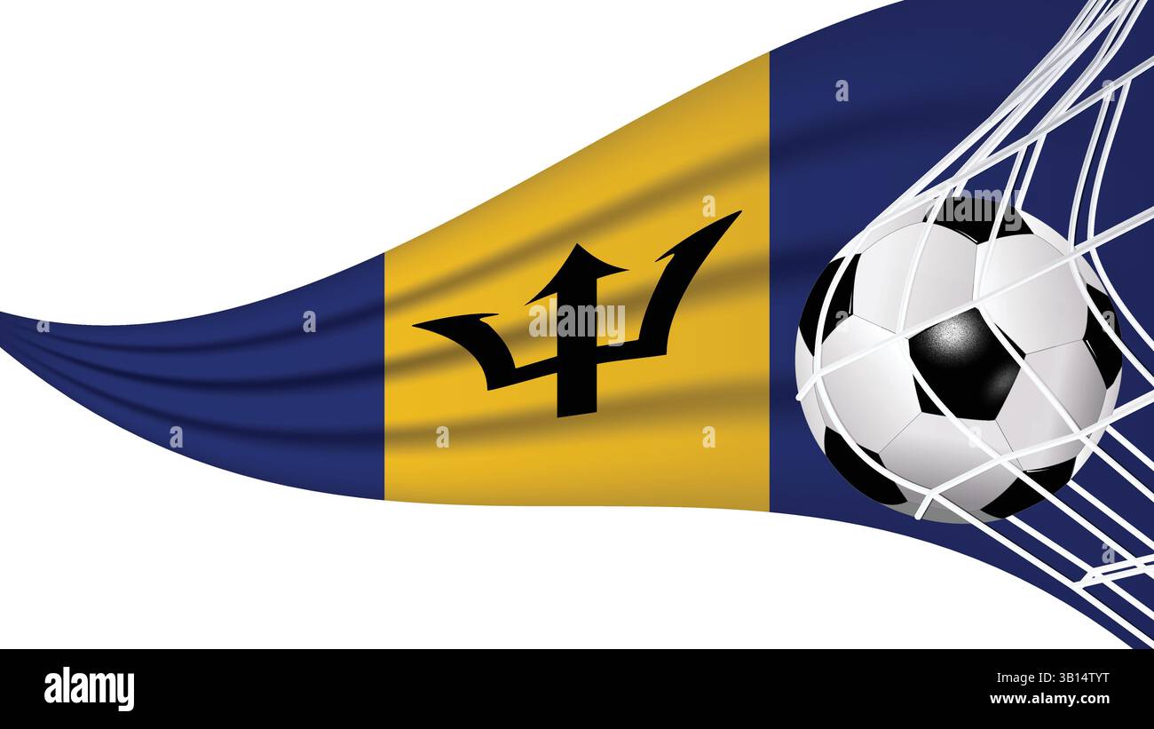 Pallone da calcio in rete con bandiera ondulata delle Barbados equipaggiamento sportivo e vettoriale di illustrazione della bandiera ondulata Illustrazione Vettoriale