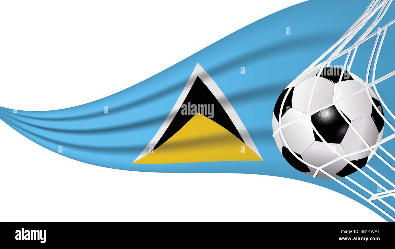 Pallone da calcio in rete con bandiera ondulata di Saint Lucia equipaggiamento sportivo e vettoriale di illustrazione della bandiera ondulata Illustrazione Vettoriale