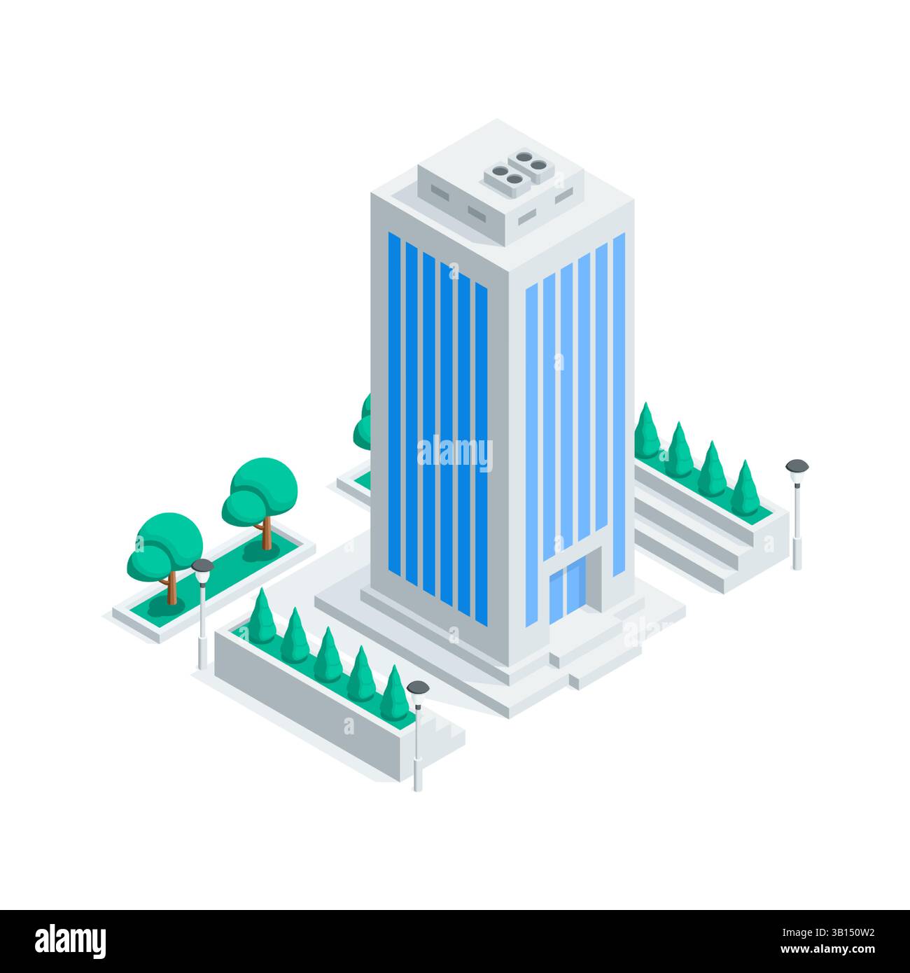 grattacielo vettoriale isometrico e alberi, di colore su sfondo bianco, edifici cittadini Illustrazione Vettoriale