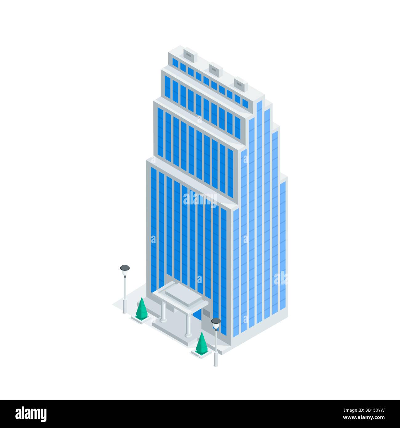 grattacielo vettoriale isometrico e alberi, di colore su sfondo bianco, edifici cittadini Illustrazione Vettoriale