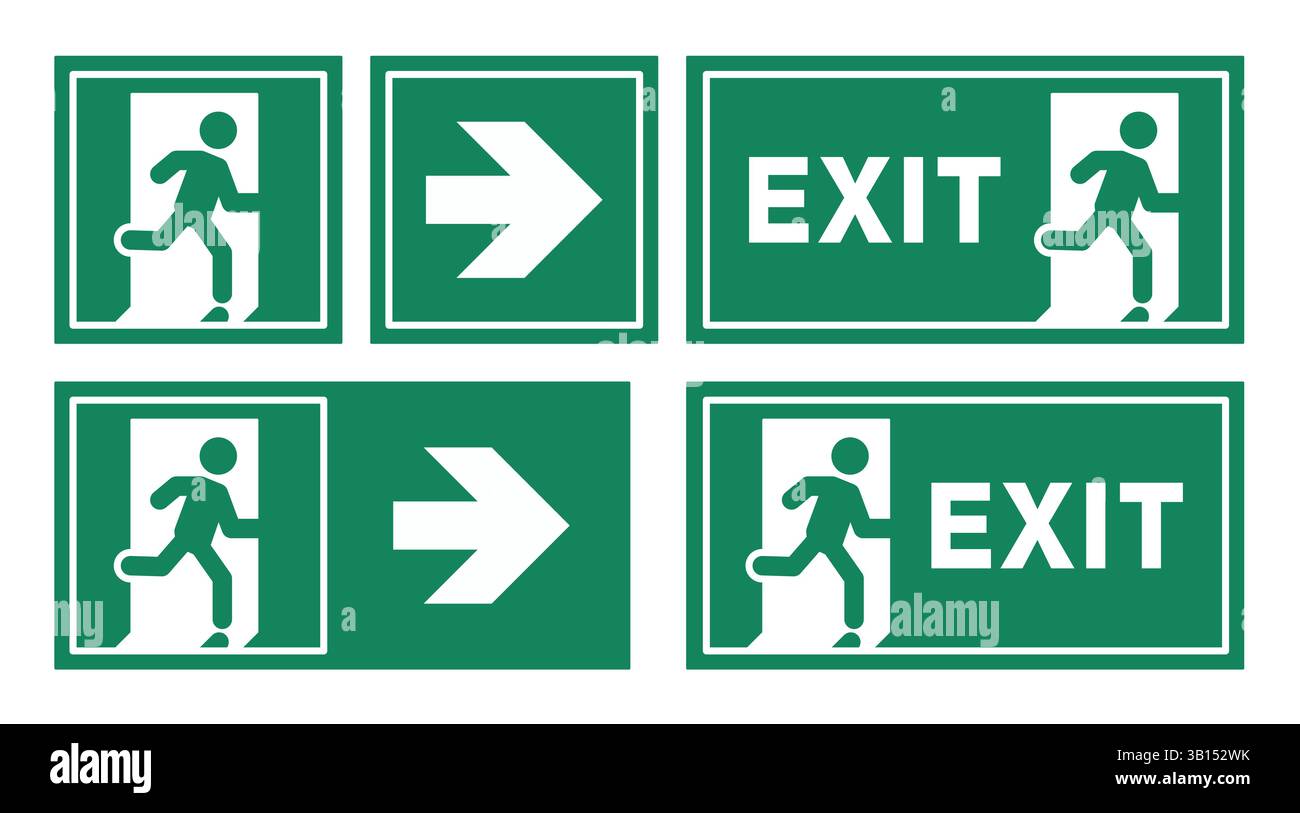 Segnale porta uscita di emergenza. Segnale di evacuazione per la sicurezza con persone in movimento, illustrazione del simbolo della porta e della freccia. Illustrazione Vettoriale