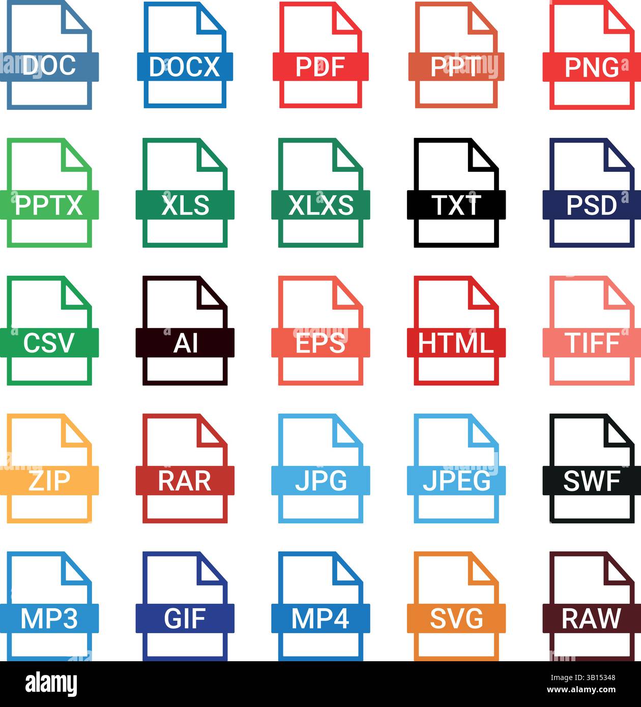 I formati file digitali più diffusi con codifica a colori o la raccolta di tipi di file vettoriali con DOC, PDF, DOCX, PPT, PPTX, XLS, XLSX, TXT, CSV, ISO, RTF, HTML, JPEG Illustrazione Vettoriale