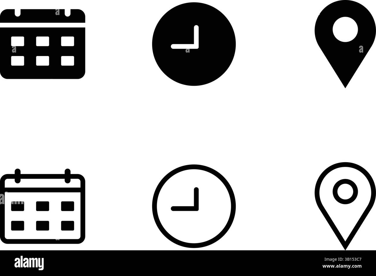 Illustrazione vettoriale del set di icone minimalista di data, ora e indirizzo di posizione Illustrazione Vettoriale