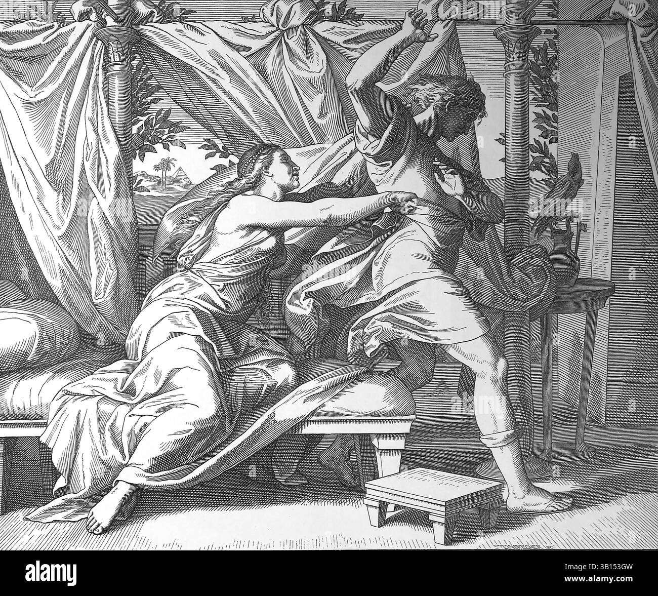 Bibbia. La moglie di Josep e Potiphar. Illustrazione di J. Schnorr von Carolsfeld. "La Bibbia dei quadri", 1852-60. Foto Stock