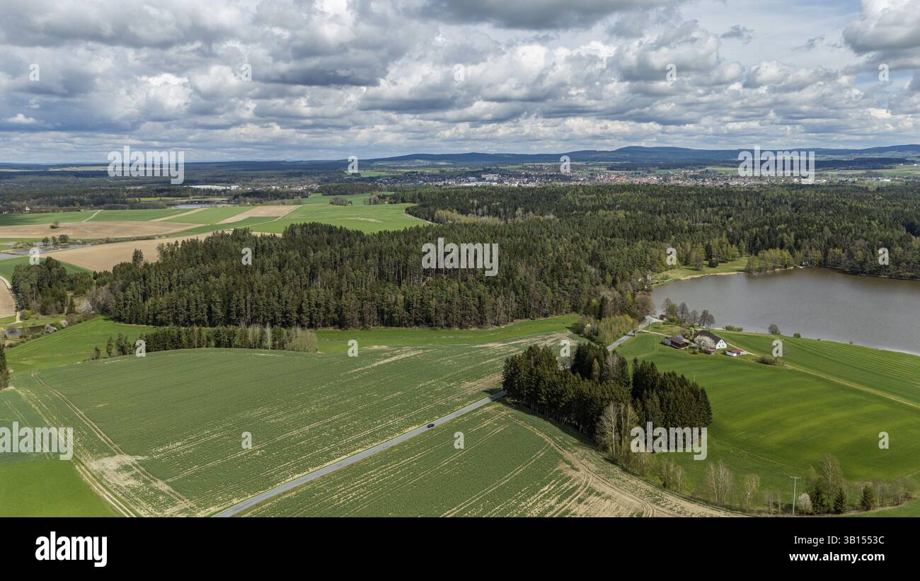 Paesaggio verde con campi e un lago, circondato da foreste sotto un cielo nuvoloso, Tirschenreuth, alto Palatinato, Baviera, Germania, Europa Foto Stock