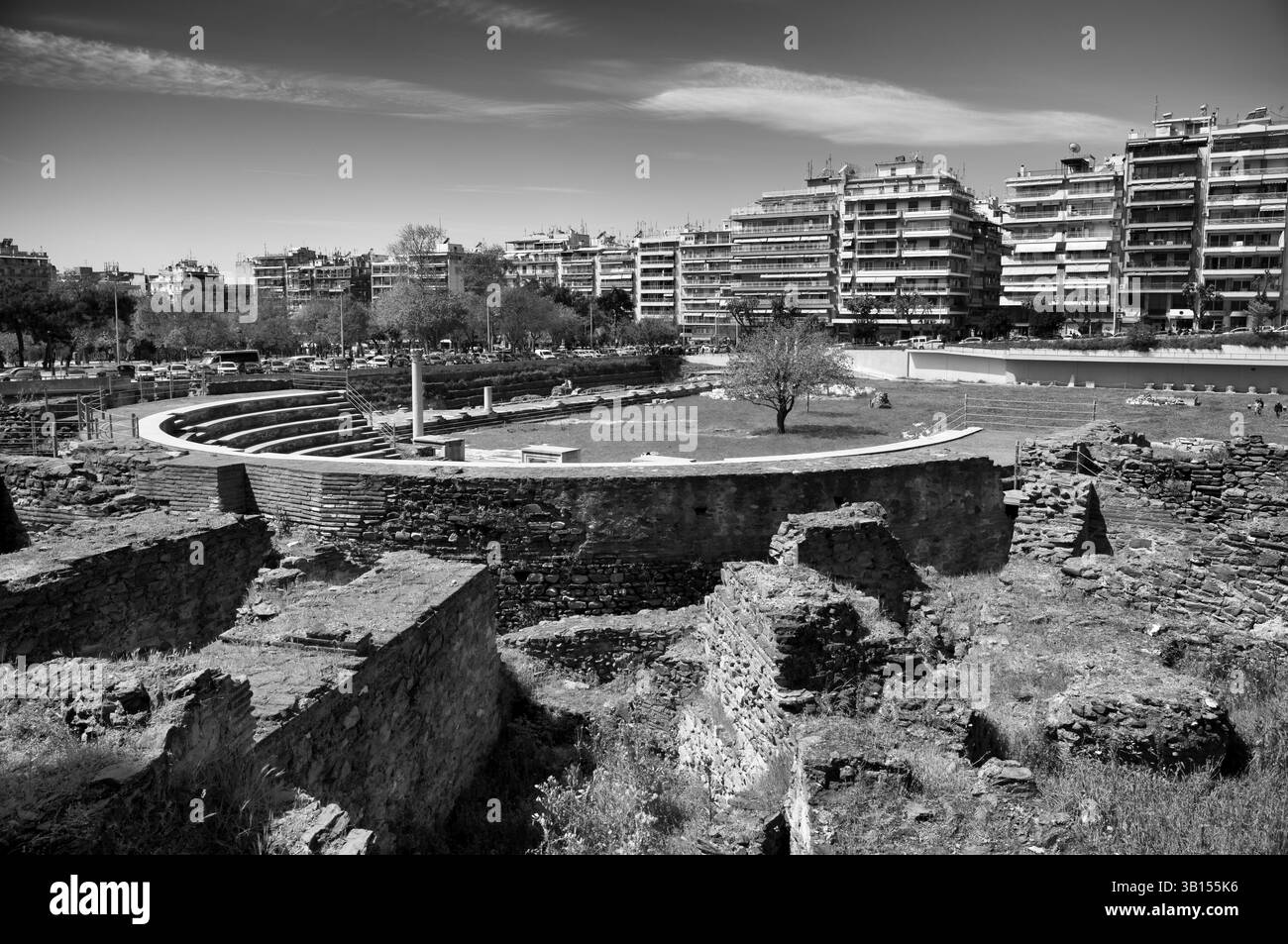 Foro Romano, foro Romano, Agorà Romana, sito archeologico, bianco e nero, Salonicco, Macedonia, Grecia, Europa Foto Stock