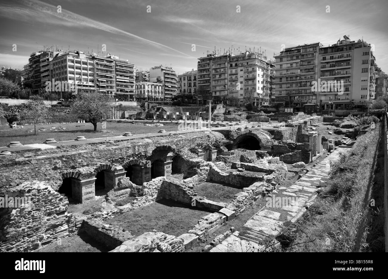 Foro Romano, foro Romano, Agorà Romana, sito archeologico, bianco e nero, Salonicco, Macedonia, Grecia, Europa Foto Stock