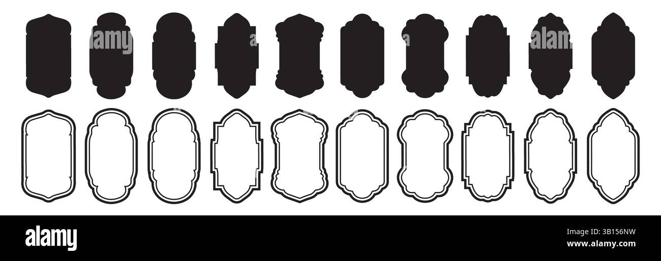 Porta islamica a forma d'annata e arco della finestra. Silhouette vettoriale di porte e finestre in arabo. Bordo cornice con illustrazione vettoriale ornamentale. Illustrazione Vettoriale