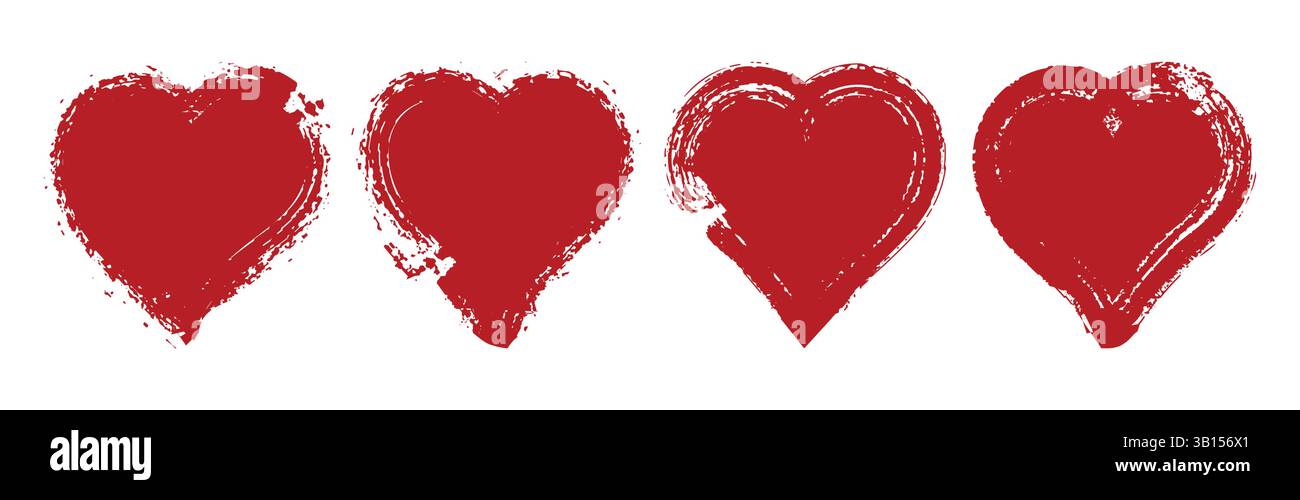 Icone cuori. Collezione grunge Red Vector Hand Drawn Hearts Doodles. linea di pennello con cuori rossi disegnati a mano, texture grunge, design moderno e alla moda. Illustrazione Vettoriale