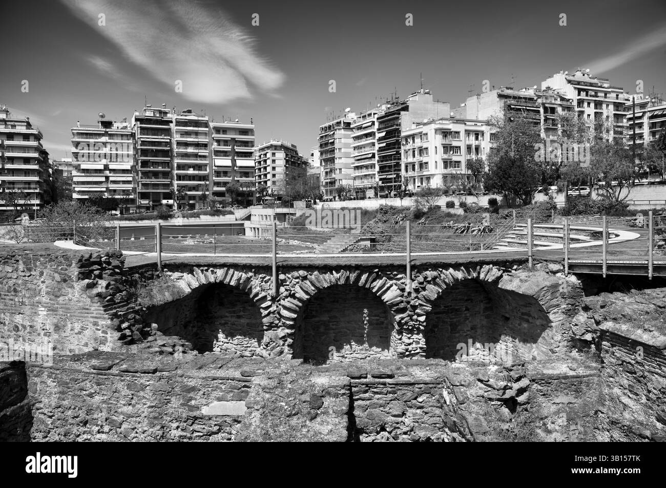 Foro Romano, foro Romano, Agorà Romana, sito archeologico, bianco e nero, Salonicco, Macedonia, Grecia, Europa Foto Stock