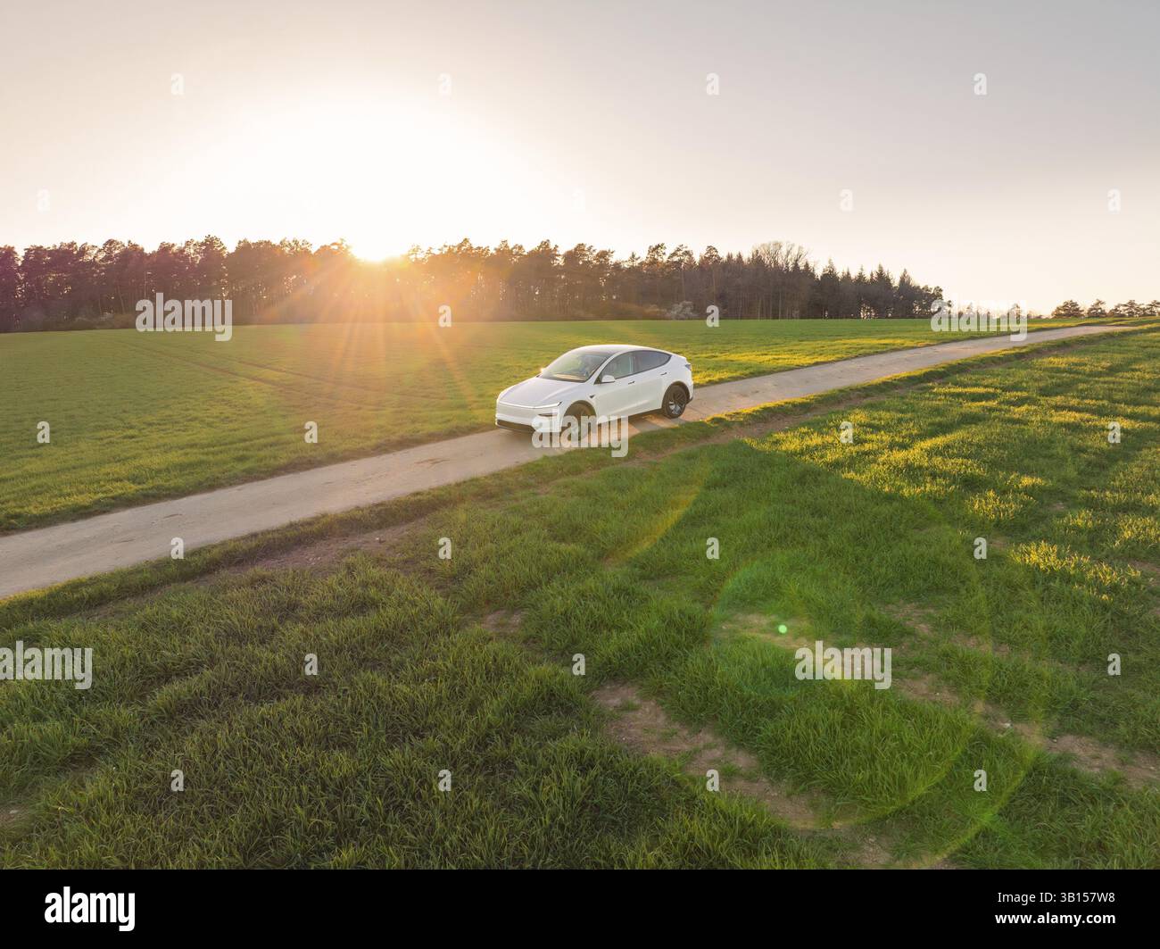 Un'auto guida su una strada di campagna, circondata da vegetazione lussureggiante e da un caldo tramonto in un paesaggio pittoresco, Tesla, New Model Y, Foresta Nera, Germania, E Foto Stock