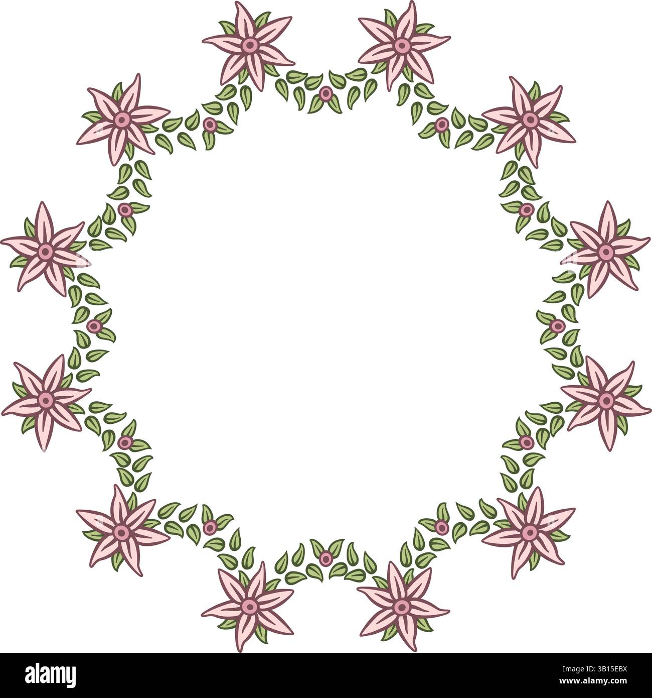 Illustrazione realizzata con una ghirlanda di fiori e foglie su sfondo bianco che crea un bordo circolare. Illustrazione Vettoriale