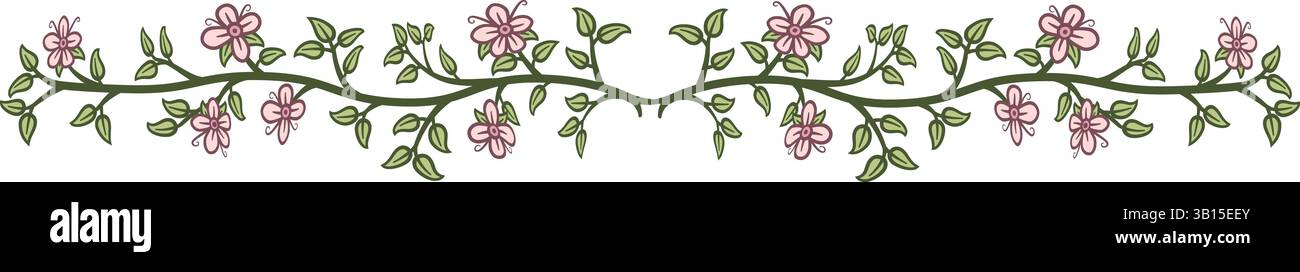 Illustrazione realizzata con fiori e foglie su uno sfondo bianco che crea un bordo lineare. Illustrazione Vettoriale