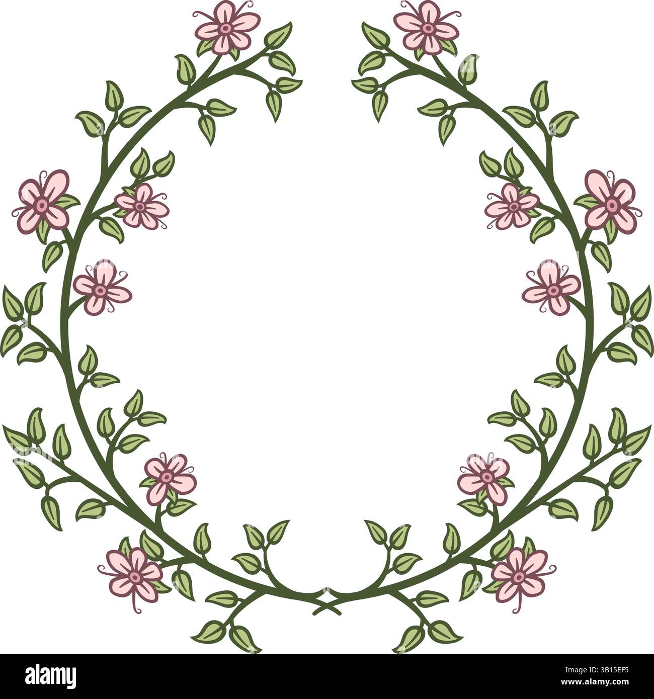 Illustrazione realizzata con fiori e foglie su sfondo bianco che crea una corona floreale. Illustrazione Vettoriale