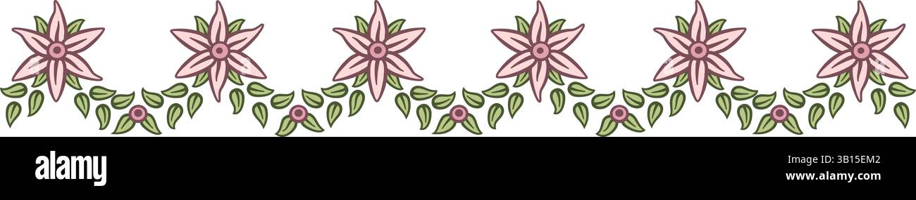 Illustrazione realizzata con una ghirlanda di fiori e foglie su sfondo bianco che crea un bordo lineare. Illustrazione Vettoriale