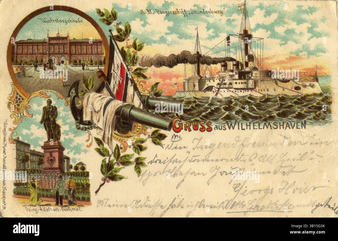 DATA RECORD NON INDICATA Panzerschiff Brandenburg, Westtorgebäude und Prinz-Albert-Denkmal im Wilhelmshaven Foto Stock