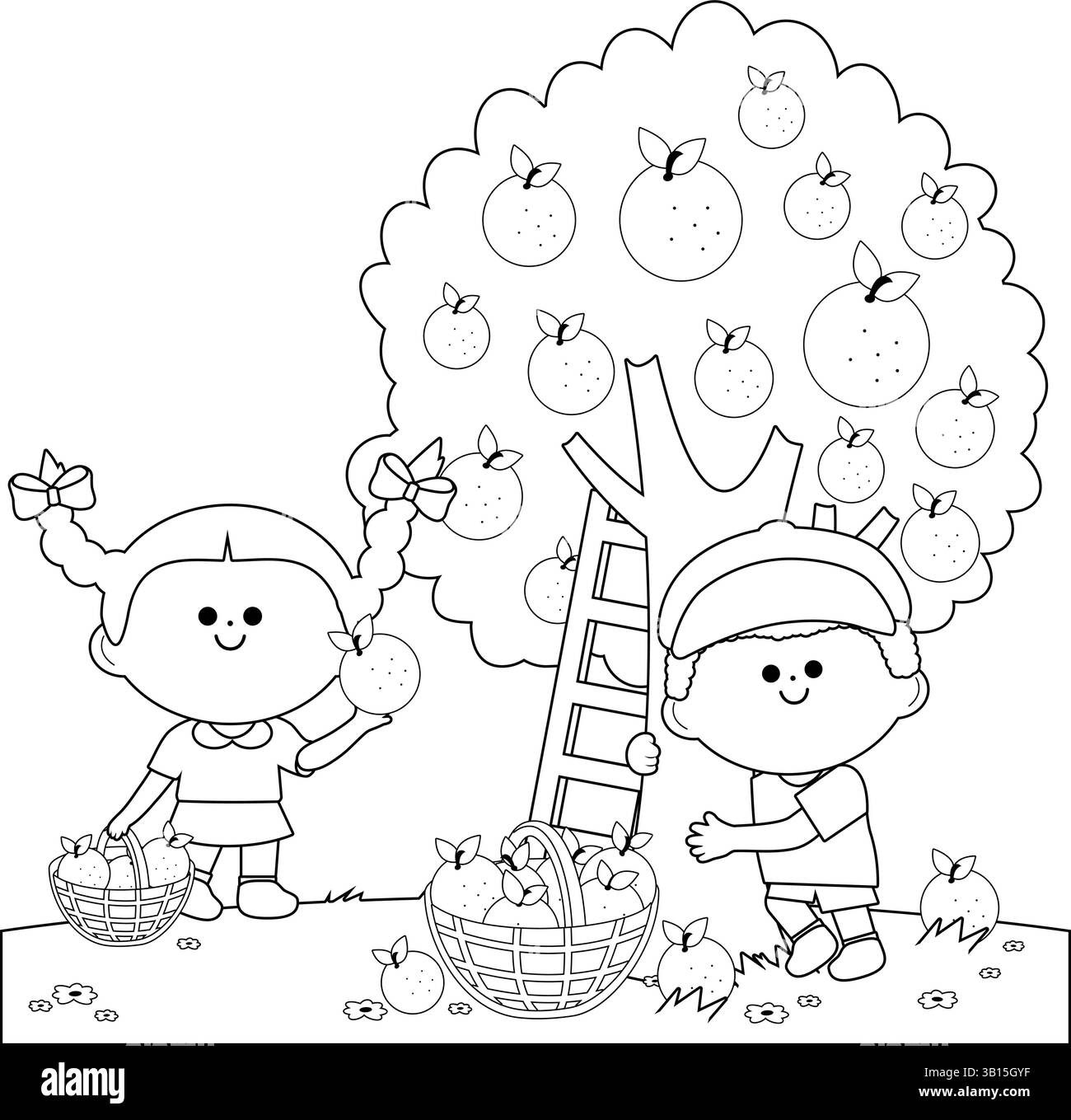 Bambini che raccolgono arance sotto un albero d'arancio. Bambini felici nella fattoria che raccolgono agrumi. Pagina di colorazione vettoriale in bianco e nero. Illustrazione Vettoriale