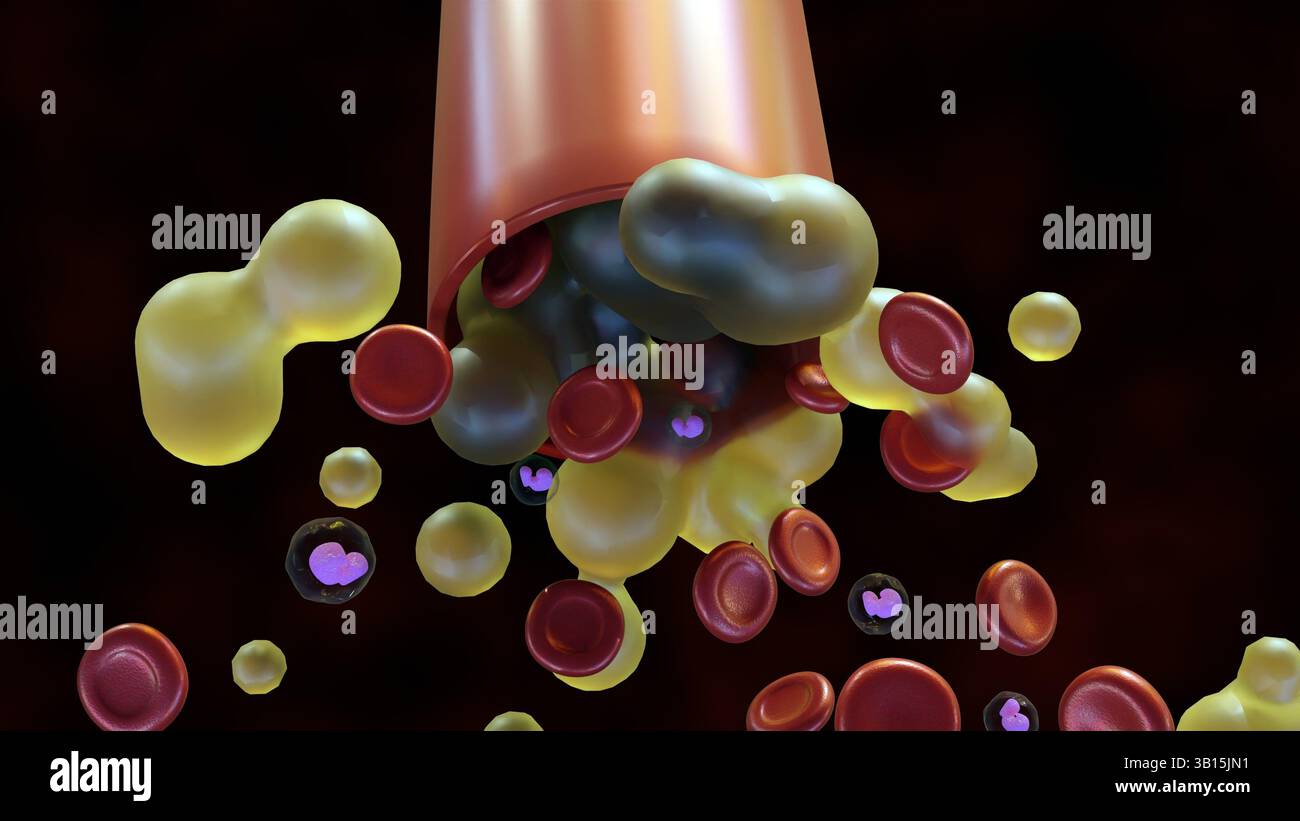 Rendering 3d della sezione trasversale di un vaso sanguigno in cui è presente una quantità significativa di plasma sanguigno insieme ai globuli rossi e bianchi. Foto Stock