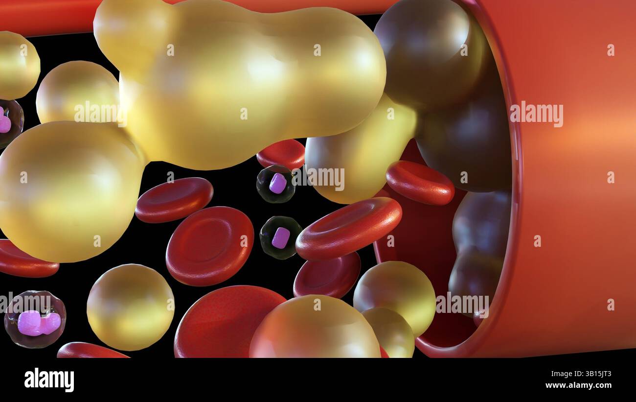 Rendering 3d della sezione trasversale di un vaso sanguigno in cui è presente una quantità significativa di plasma sanguigno insieme ai globuli rossi e bianchi. Foto Stock
