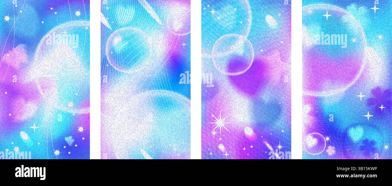 Y2K da sogno sfondi astratti blu e viola, set di modelli di storia vettoriale. Illustrazione Vettoriale