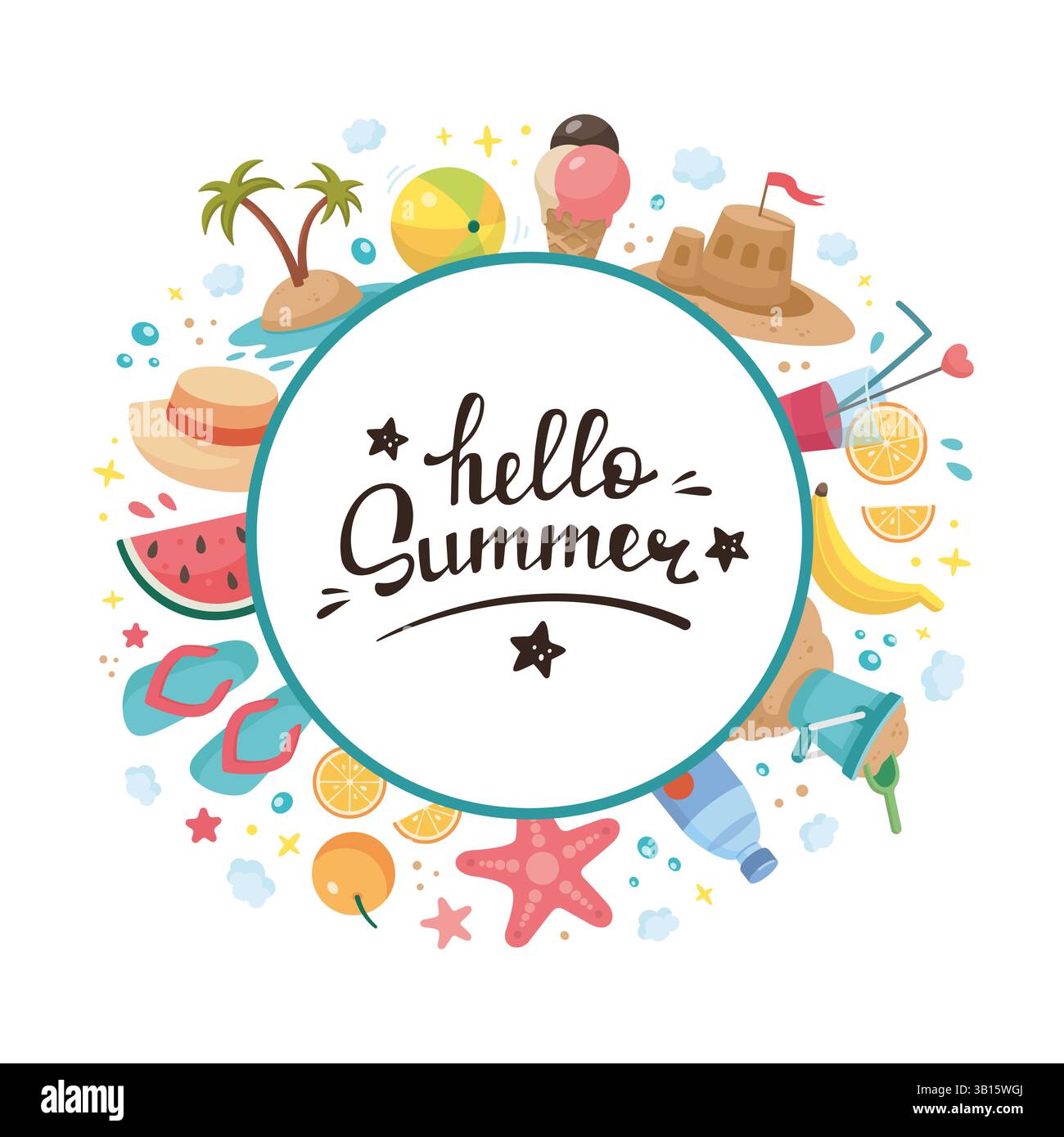 Cornice rotonda estiva disegnata a mano, spazio copia. Buongiorno Lettering estivo. Cornice circolare per le vacanze estive al mare a Doodle. Illustrazione della festa in spiaggia. Elementi dell'ora legale. Illustrazione vettoriale cartoni animati. Design piatto. Illustrazione Vettoriale