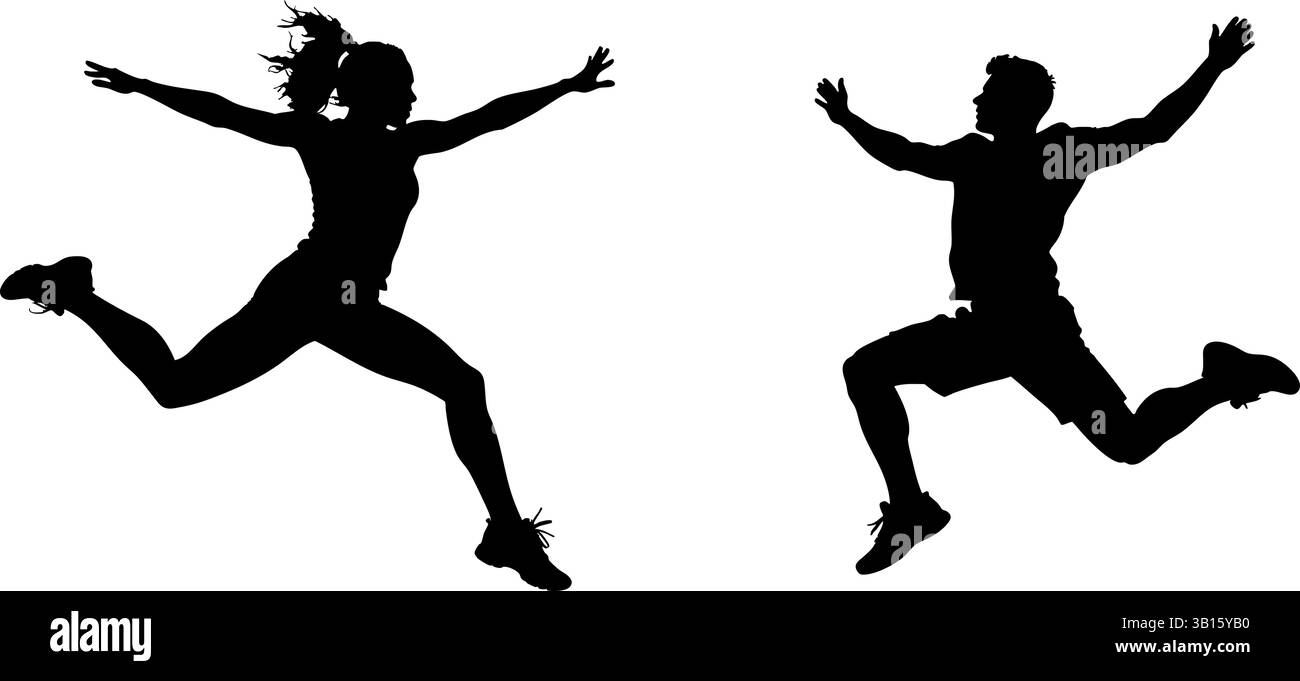 Silhouette di un uomo e di una donna che saltano energicamente con le braccia allungate, simboleggiando libertà, gioia, movimento e vitalità Illustrazione Vettoriale
