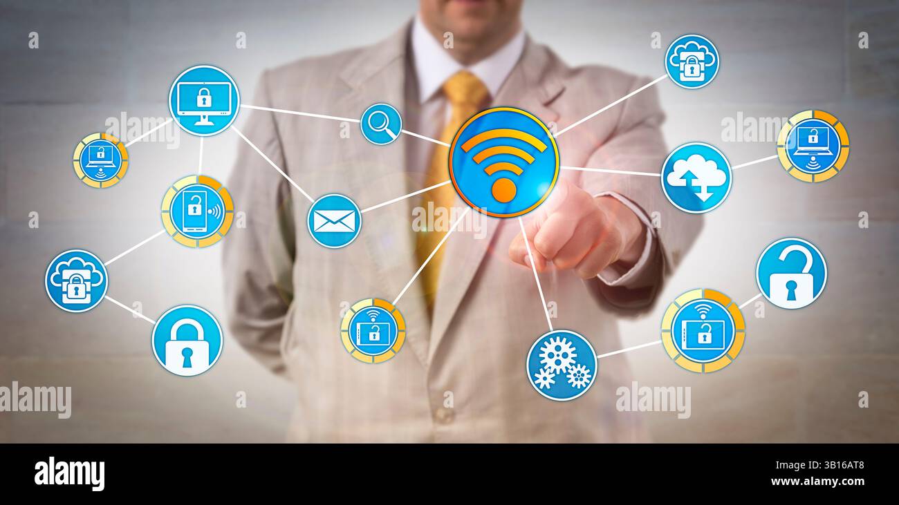 Il responsabile aziendale irriconoscibile sta toccando un'icona wireless per avviare la sincronizzazione dei dati tra diversi dispositivi remoti collegati in rete. Concetto IT per m Foto Stock