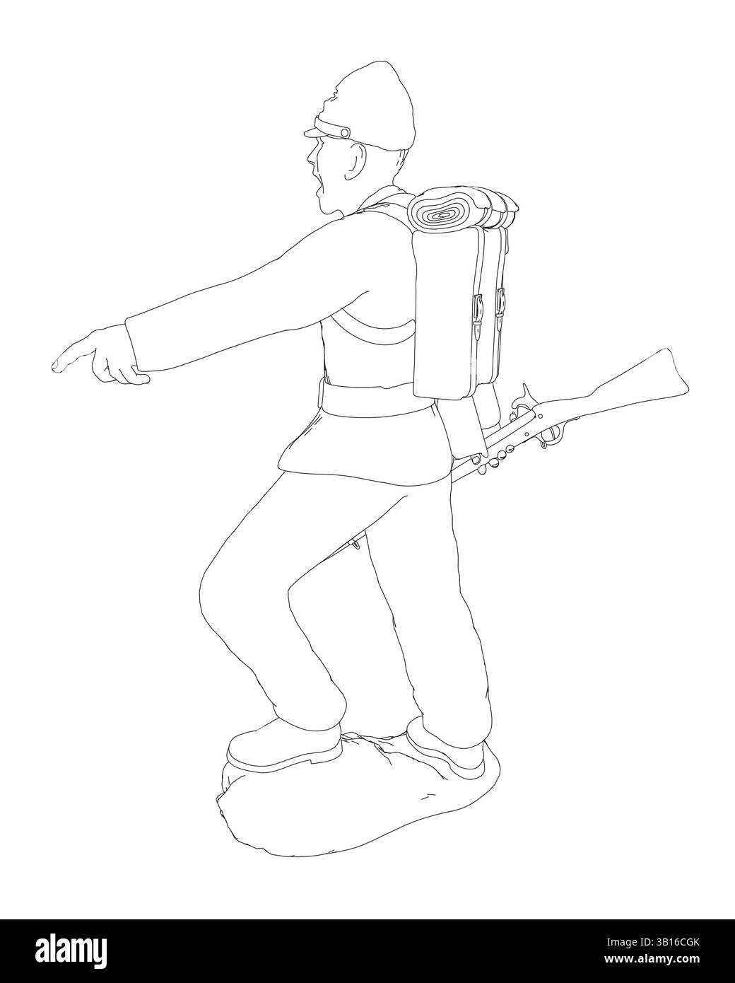 Un uomo in uniforme militare ha una pistola e punta verso il cielo. Concetto di tensione e prontezza all'azione Illustrazione Vettoriale