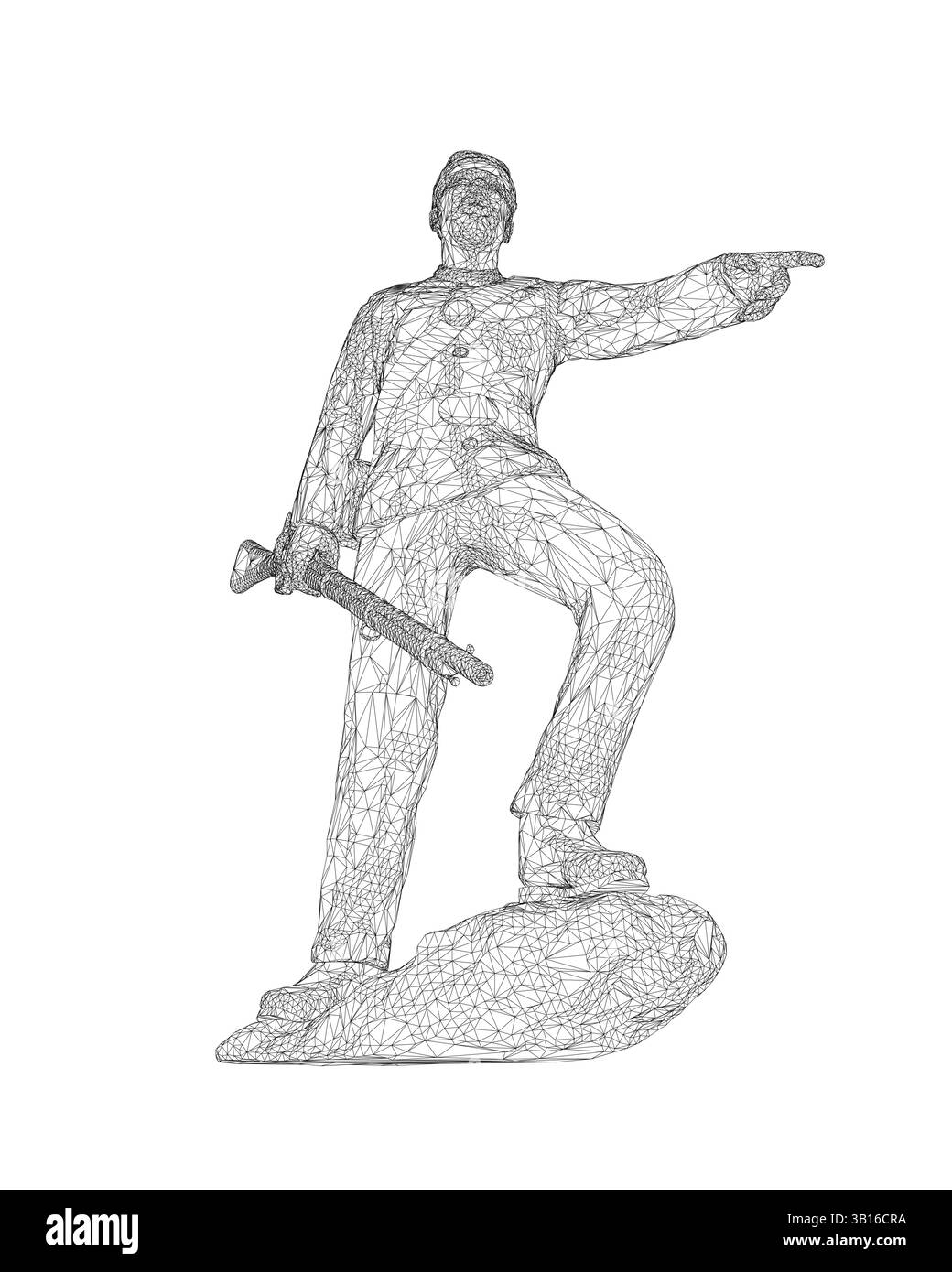 Un uomo in uniforme militare ha una pistola e punta verso il cielo. L'immagine e' un disegno in bianco e nero di un uomo in uniforme militare con un Illustrazione Vettoriale