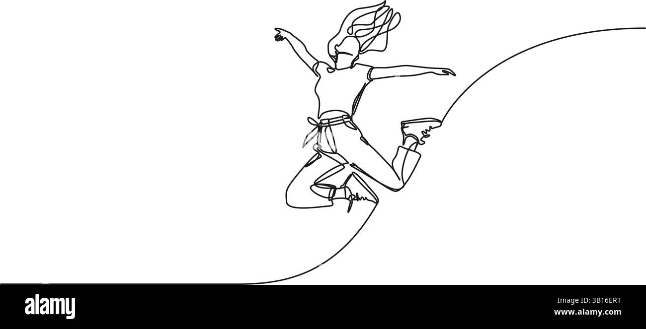 disegno continuo a linea singola di giovane donna allegra che salta in gioia, illustrazione vettoriale line art Illustrazione Vettoriale